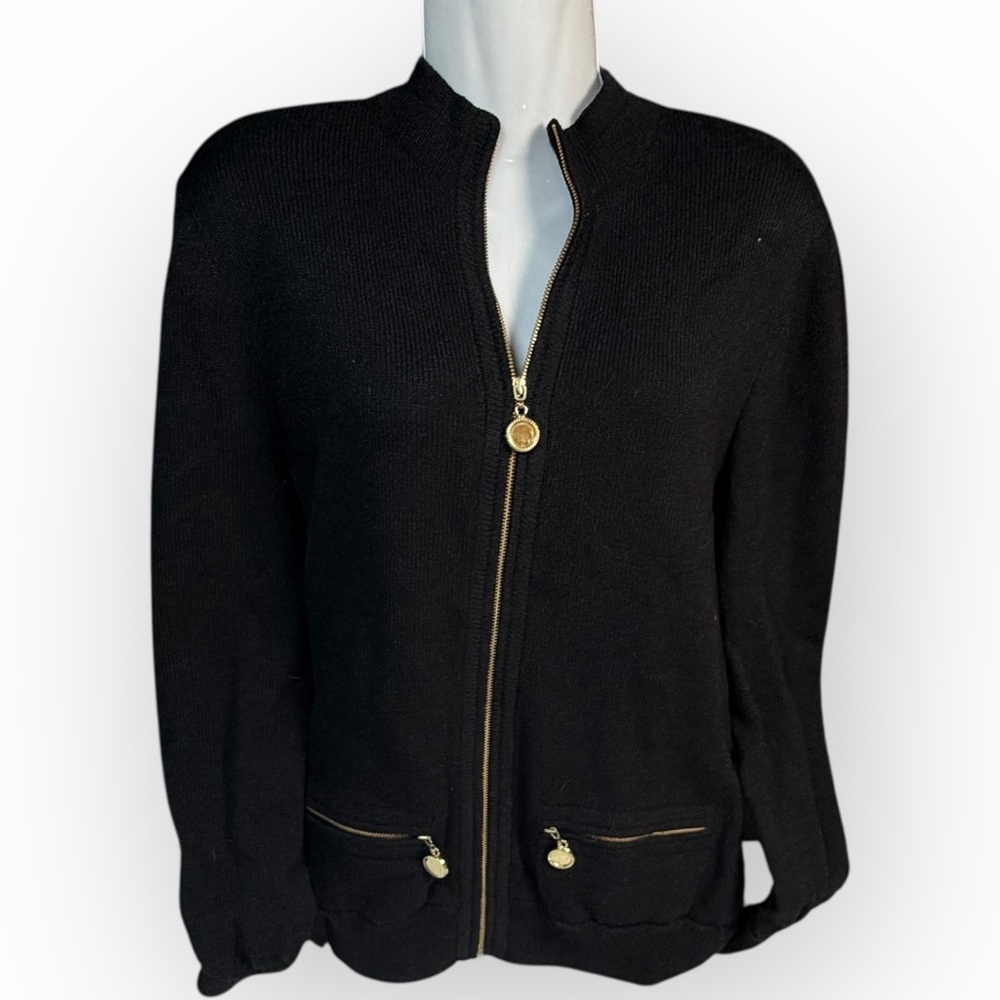 Vtg‎ Don Sayres Wool Blend Zip Black Cardigan with Gold Details